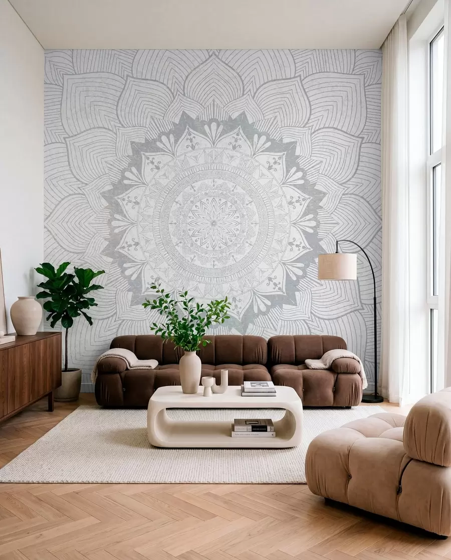 Fototapet Kulatá mandala, tapeta pro prostor na jógu nebo pro harmonizaci osobního prostoru. Nástěnná mandala v šedých odstínech na strukturovaném heterogenním pozadí w01088v2