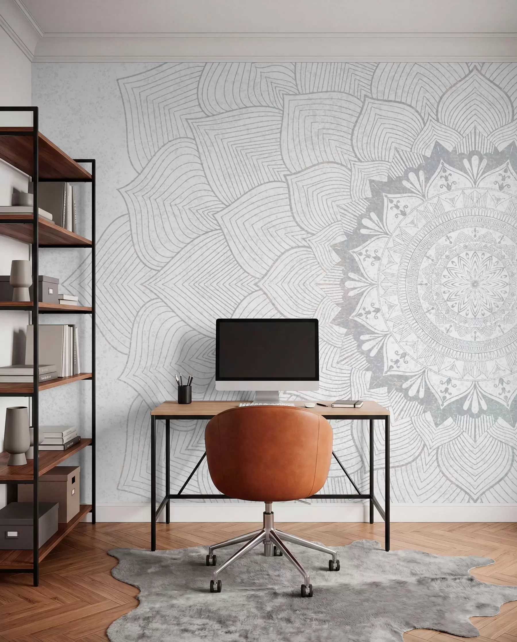 Fototapet Kulatá mandala, tapeta pro prostor na jógu nebo pro harmonizaci osobního prostoru. Nástěnná mandala v šedých odstínech na strukturovaném heterogenním pozadí w01088v2