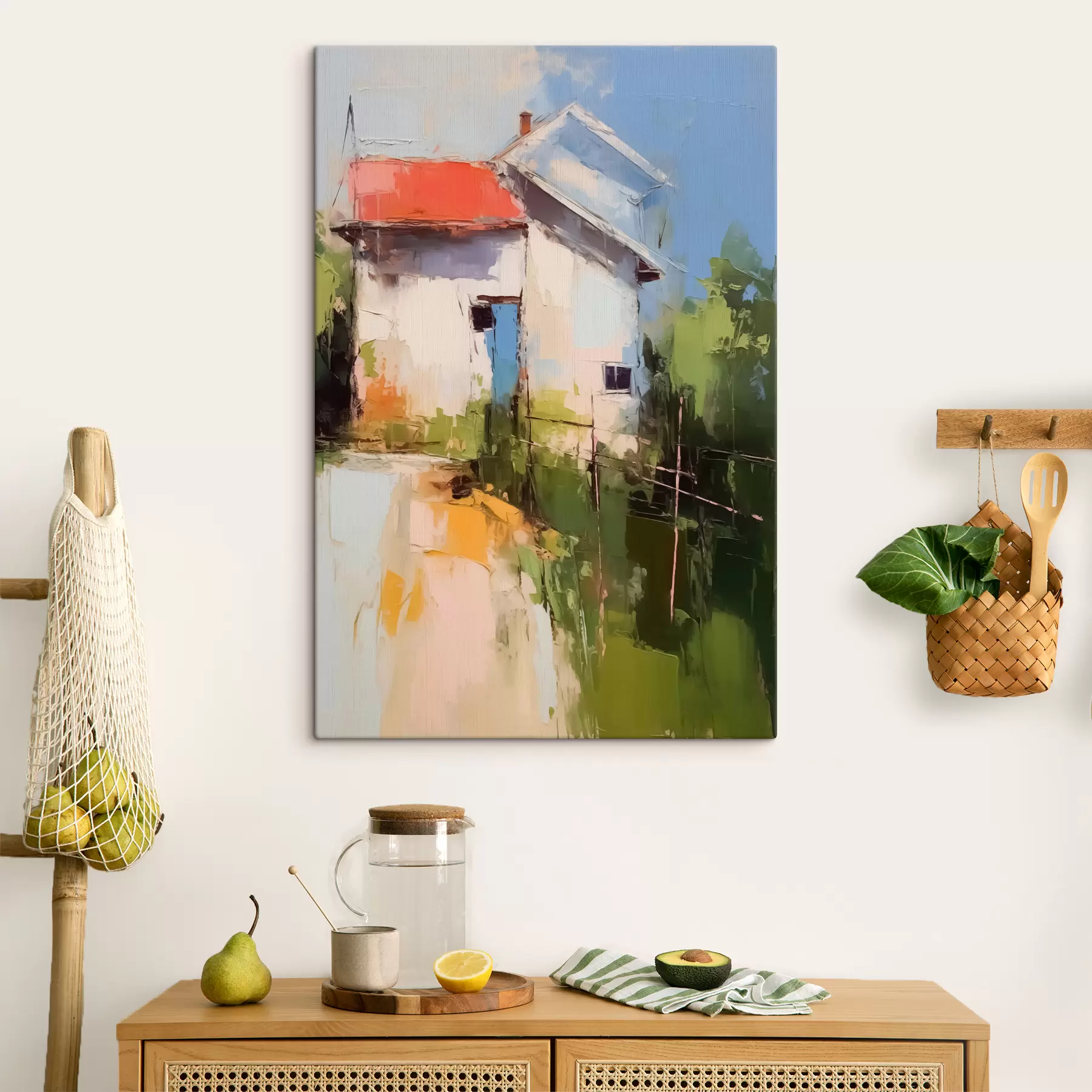 Obraz Abstraktní krajina dům u zahrady, červená, modrá, zelená, žlutá barva Č. s40689