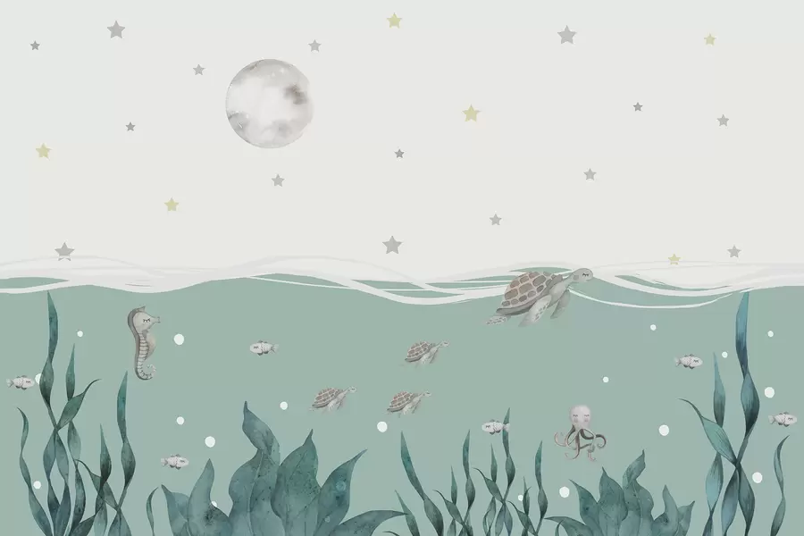 Fototapet Mořský motiv s želvami, mořským koníkem, rybami a úplňkem w01521