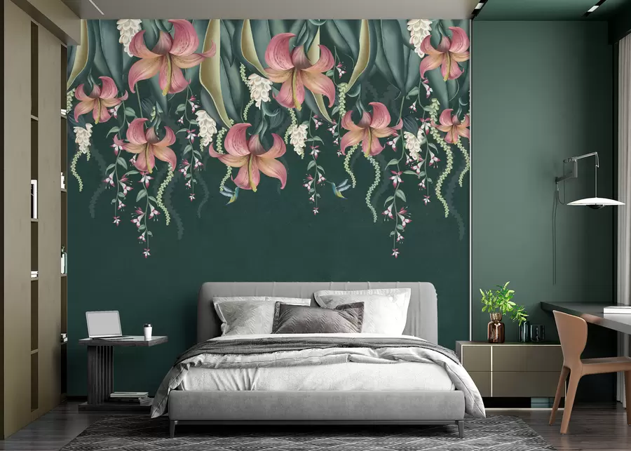 Fototapet Jemný botanický motiv se zavěšenými liliemi, květinami a kolibříky na zelené grunge zdi w01523v3