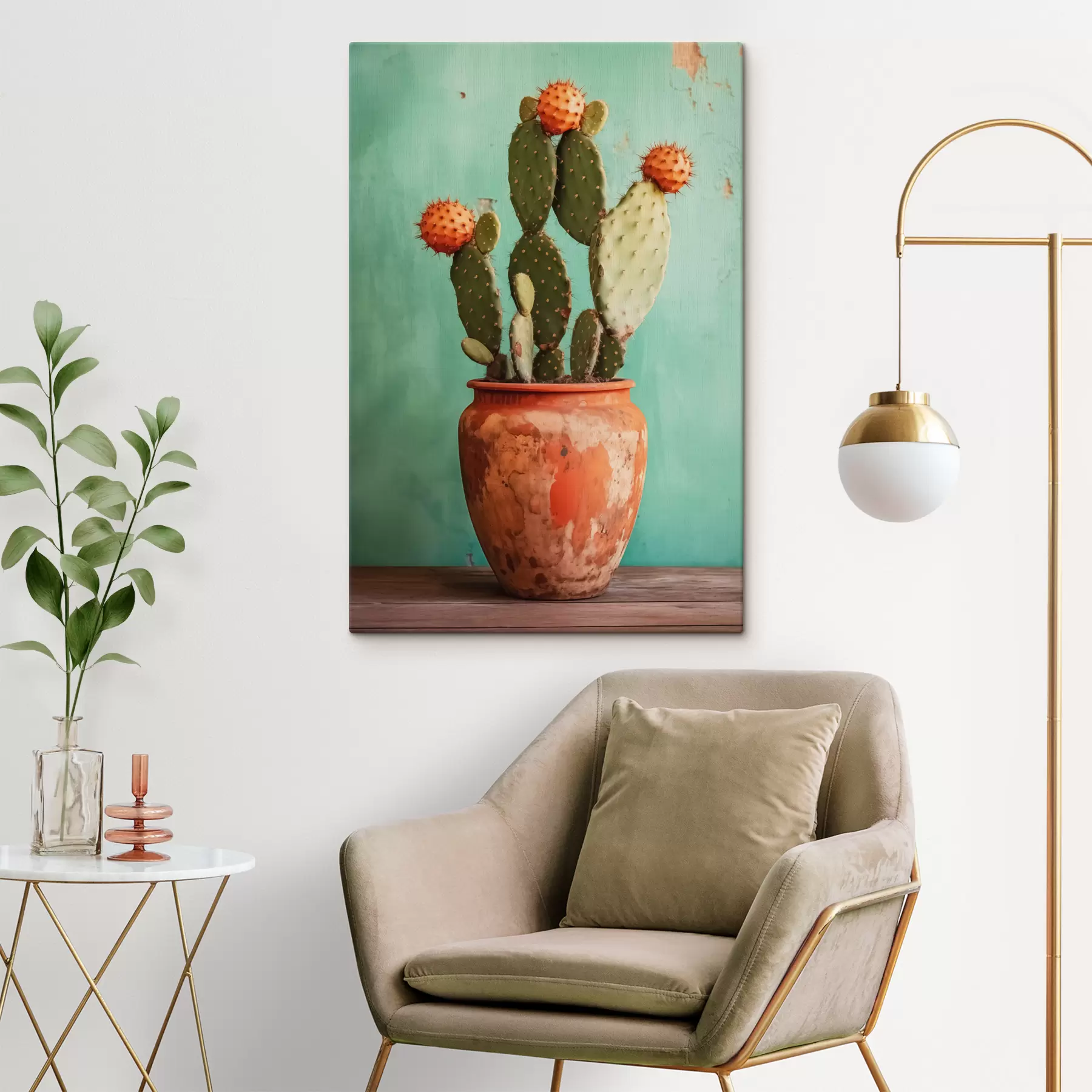 Fototapet Kaktus ve starém hliněném květináči na pozadí modrozelené zdi s40807