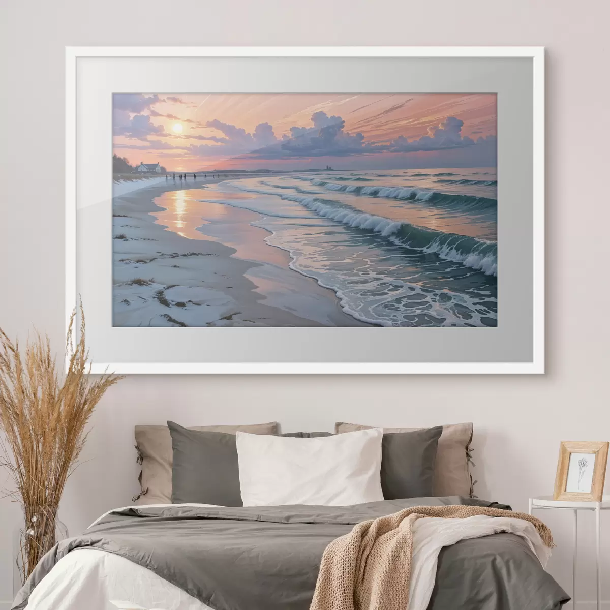 Poster Klidná plážová scéna při západu slunce s jemnými vlnami narážejícími na písečné pobřeží f40606