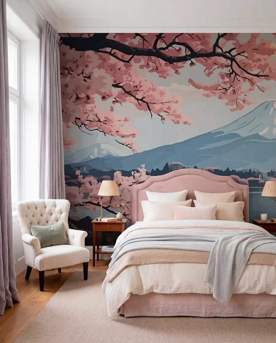 Fototapet Sakura, hory, akvarel w01664