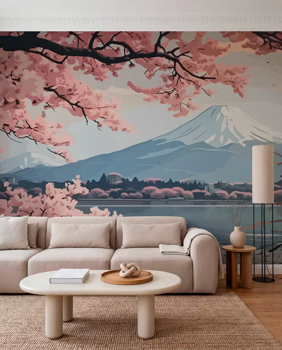 Fototapet Sakura, hory, akvarel w01664