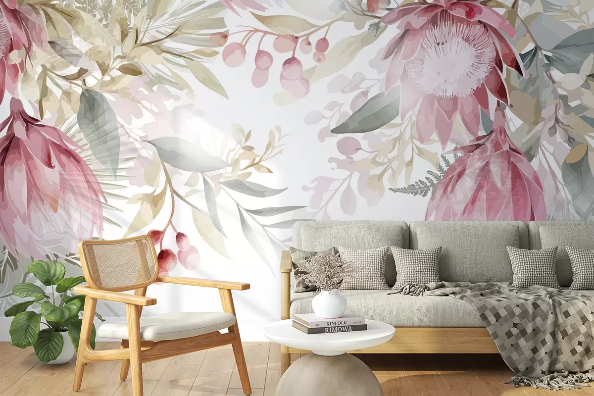 Fototapet Velké růžové a bílé průhledné protey se svěžími zelenými listy na světlém pozadí w08315