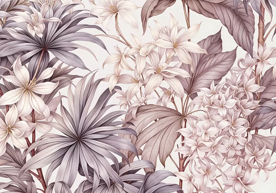 Fototapet Tropický květinový potisk s velkými bílými a světle růžovými květy, bordó listy a neutrálním pozadím w08318v1