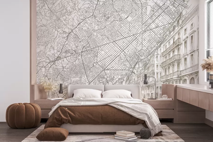 Fototapet Barcelona mapa města, liniová kresba, architektura, Španělsko, béžové barvy w01695