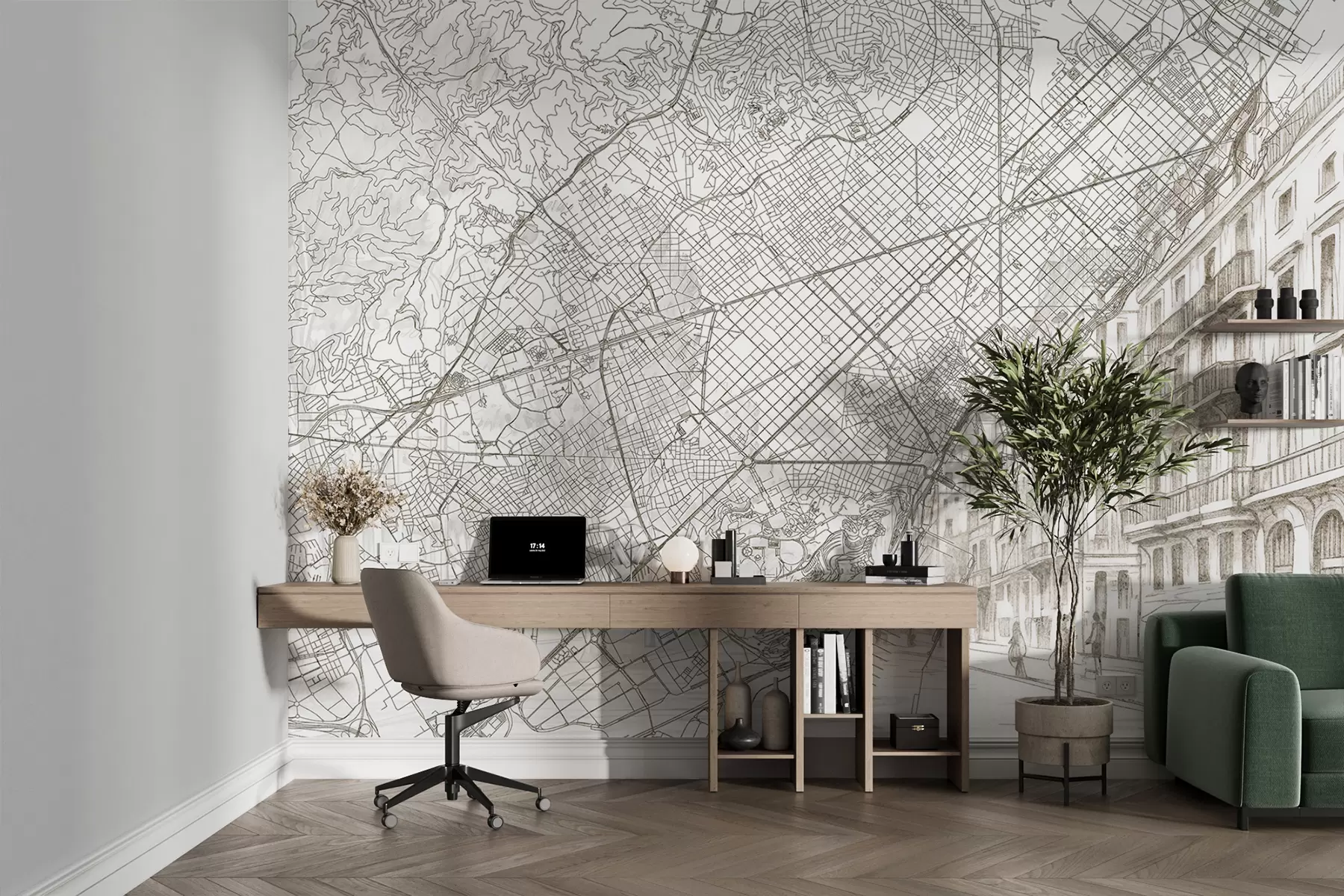 Fototapet Barcelona mapa města, liniová kresba, architektura, Španělsko, béžové barvy w01695