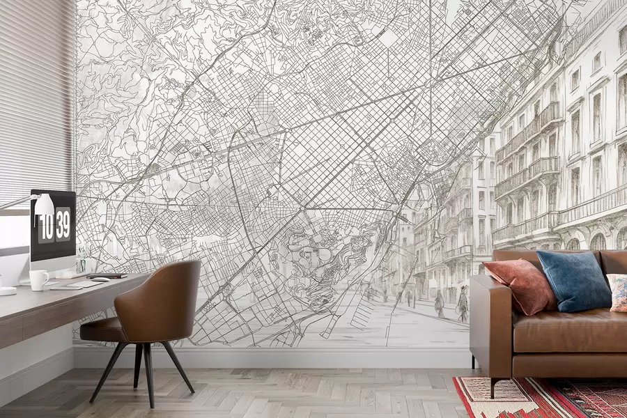 Fototapet Barcelona mapa města, liniová kresba, architektura, Španělsko, béžové barvy w01695