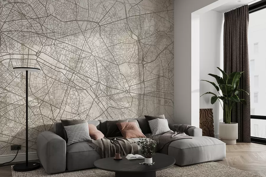 Fototapet Mapa Paříže, liniová kresba, architektura, Francie, béžové barvy w01697