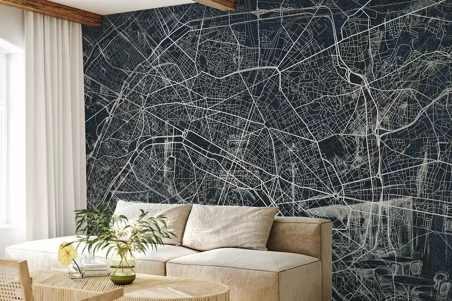 Fototapet Mapa Paříže, liniová kresba, architektura, Francie, tmavé barvy w01697v1