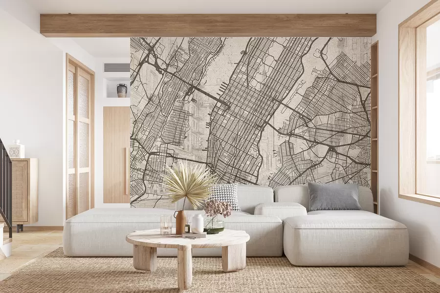 Fototapet Mapa New Yorku, liniová kresba, architektura, béžové barvy w01699