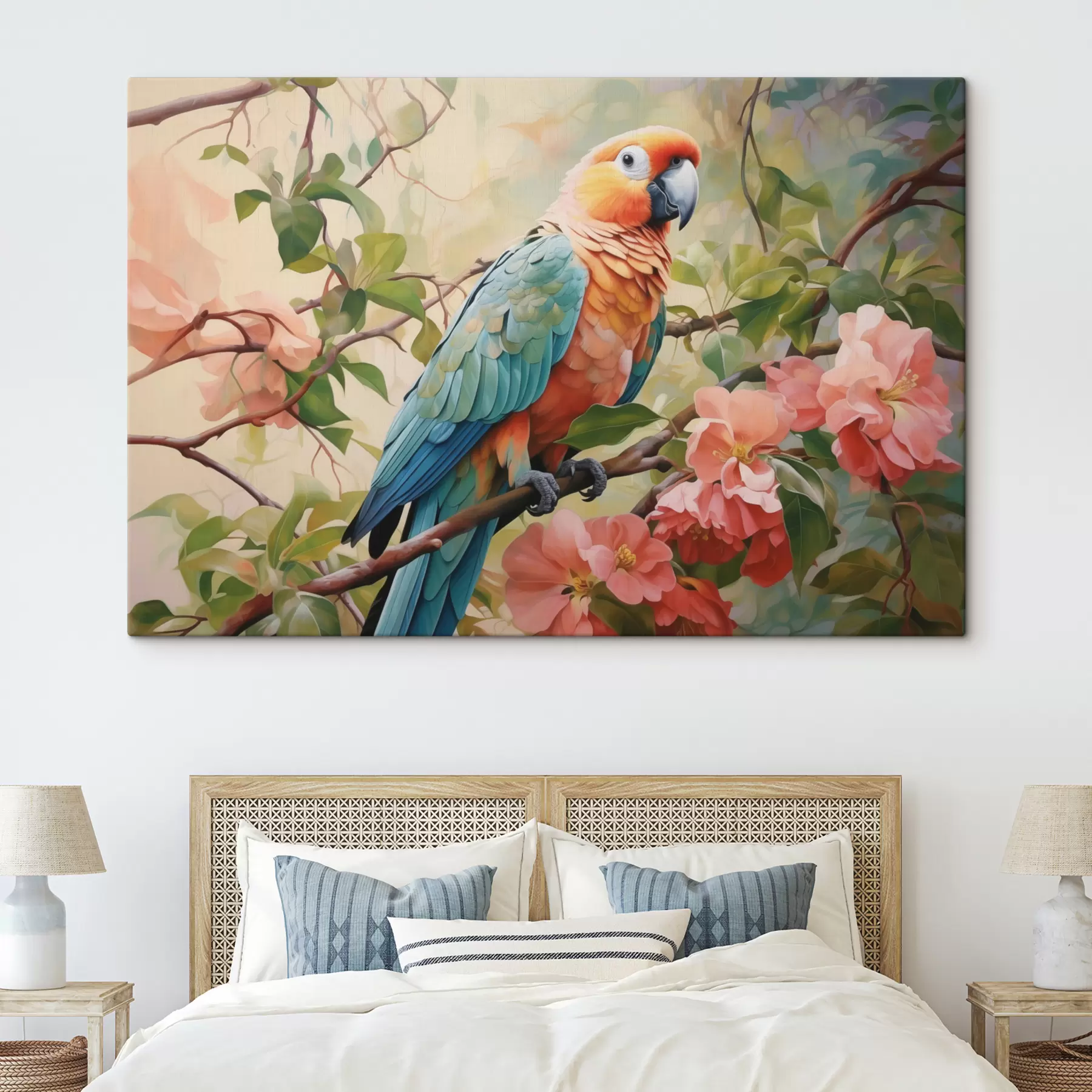 Fototapet Papoušek makak sedící na větvi s růžovými květy s41018