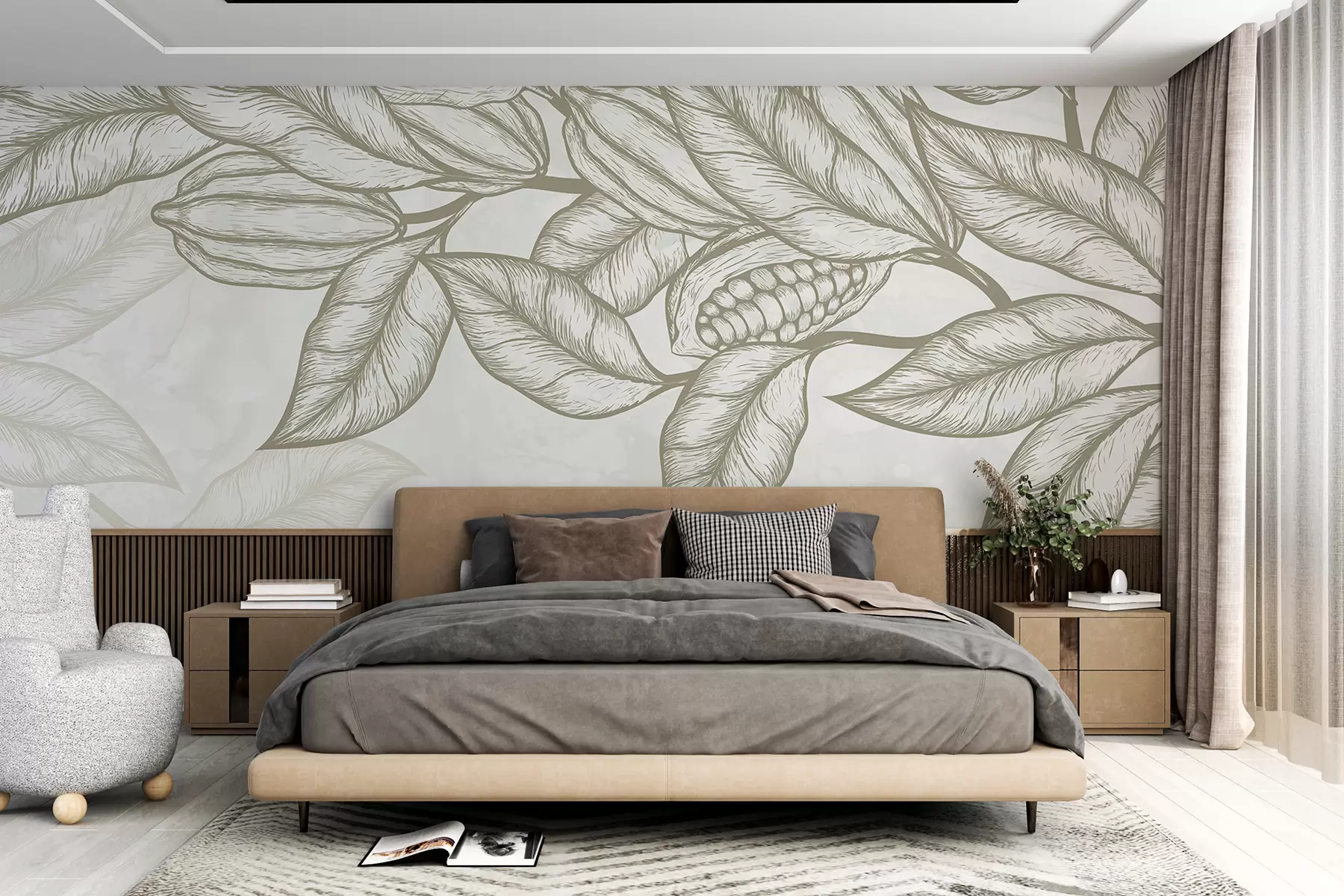 Fototapet Detailní čárová kresba listů a listů kakaovníku v přírodním, organickém tisku w08334