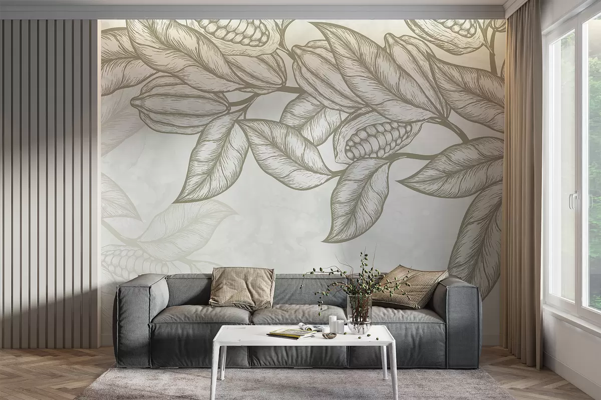 Fototapet Detailní čárová kresba listů a listů kakaovníku v přírodním, organickém tisku w08334