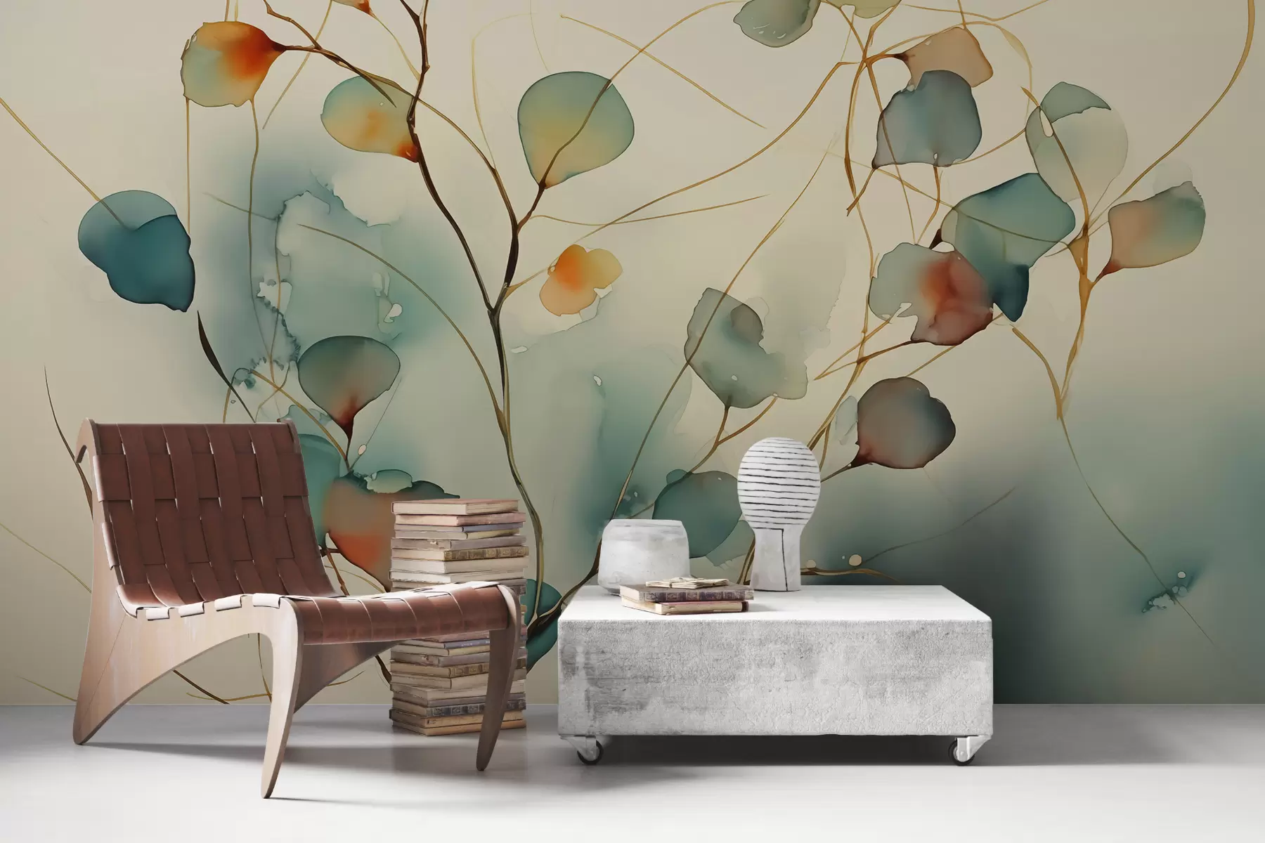 Fototapet Abstraktní větve s listy rozmazané mokrý akvarel w01779