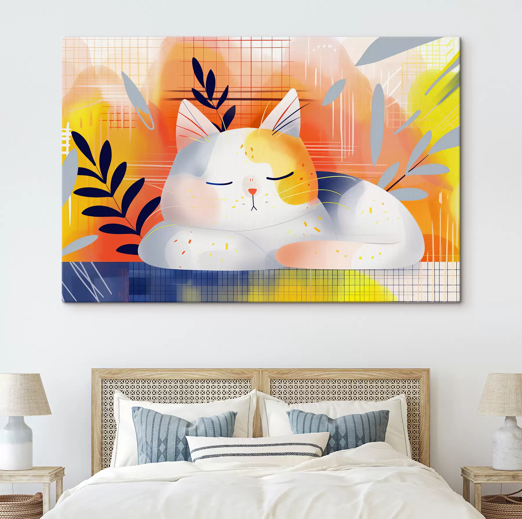 Obraz Roztomilá kočka spící mezi rostlinami v grafickém stylu Č. s40956