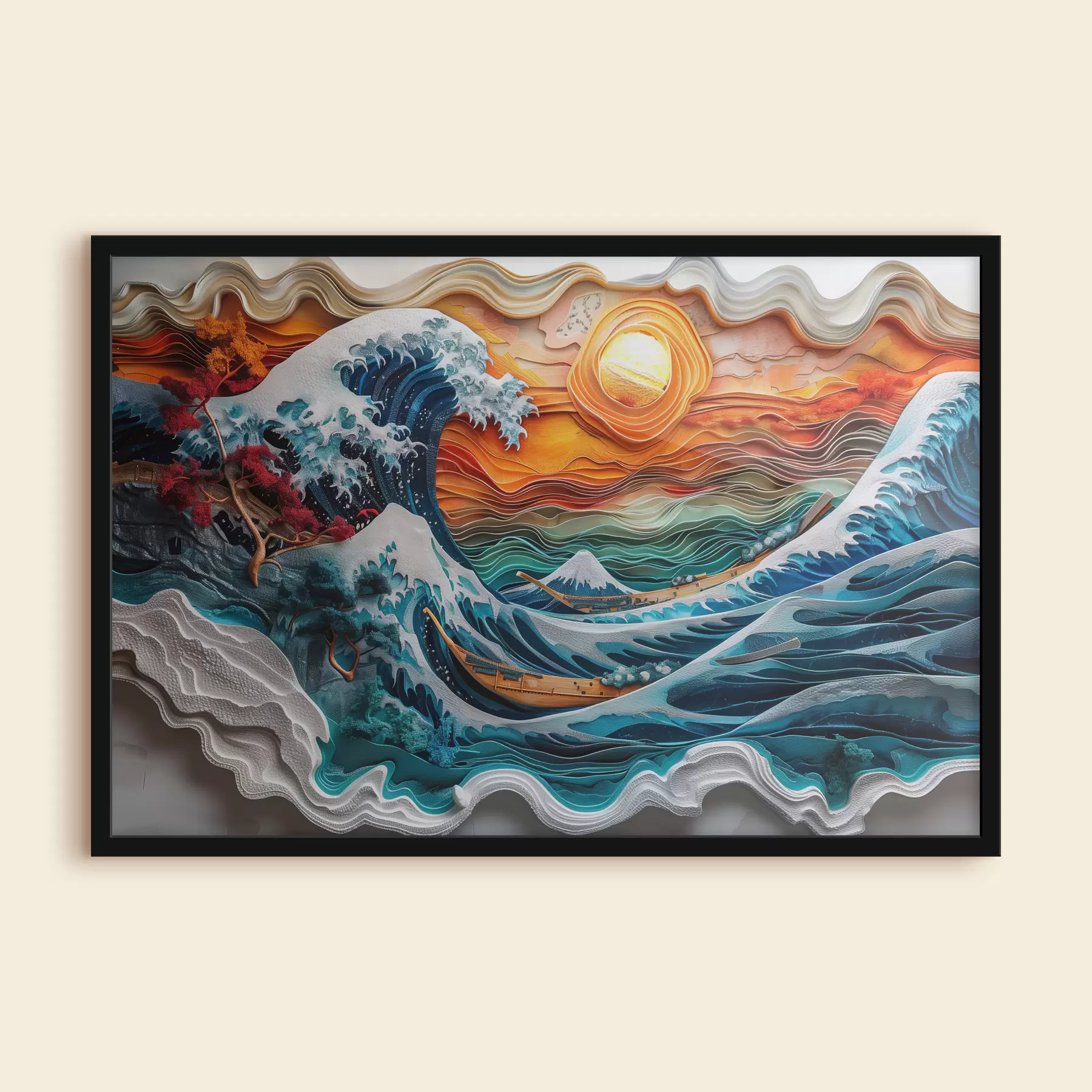 Obraz Basreliéf: rozbouřený oceán s loděmi a sluncem Č. f40976