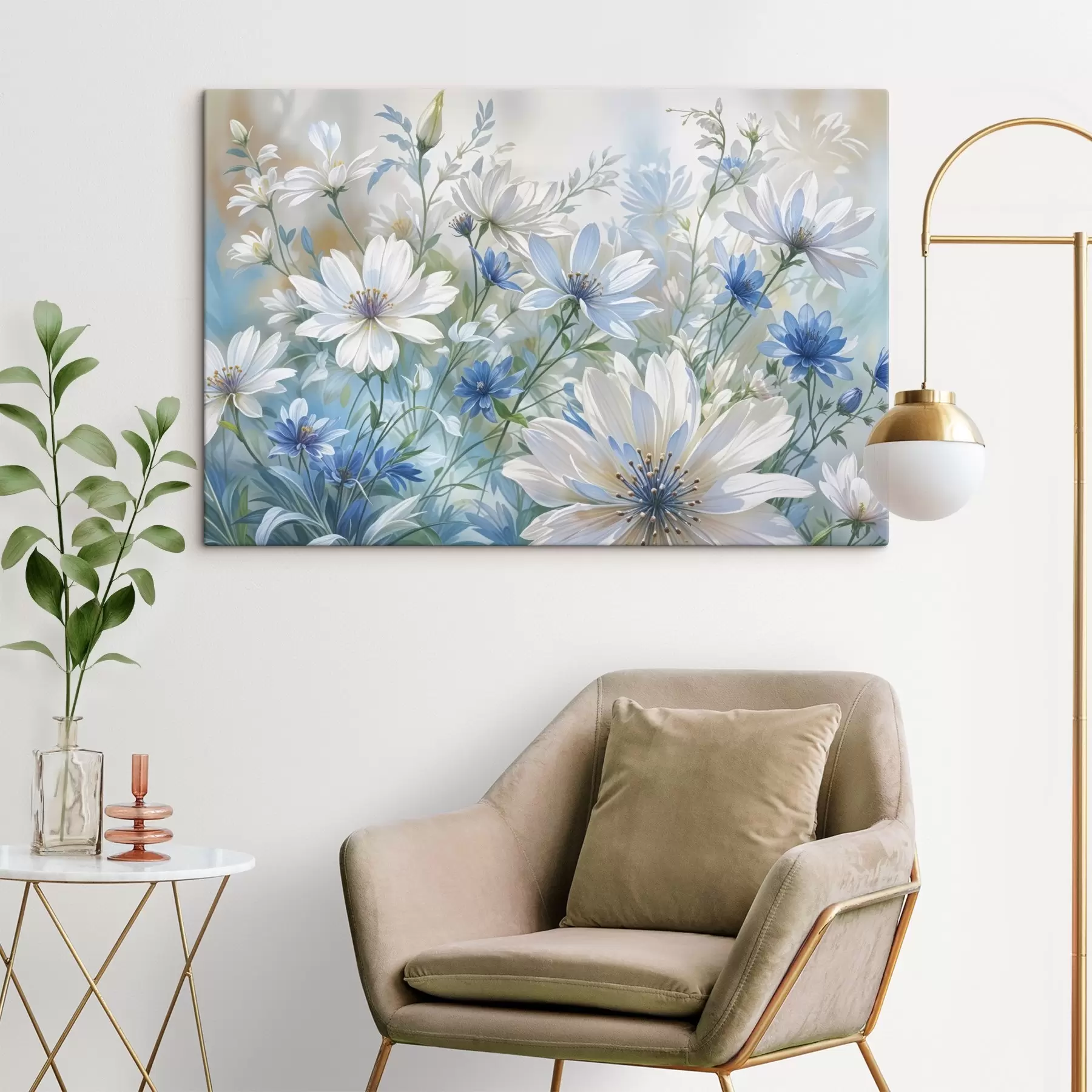 Fototapet Pole bílých a modrých sedmikrásek se zelenými listy a stonky na jemném rozostřeném pozadí s41086