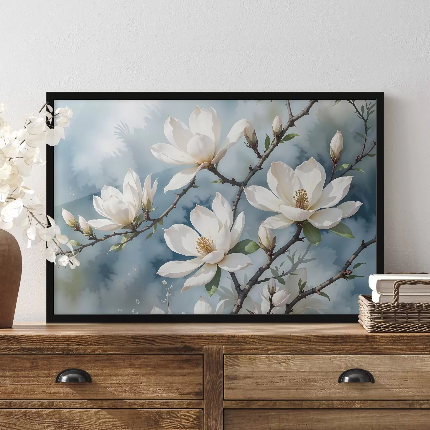 Fototapet Bílé květy magnólie kvetoucí na větvích stromů na pozadí jemné akvarelové modré oblohy f41081
