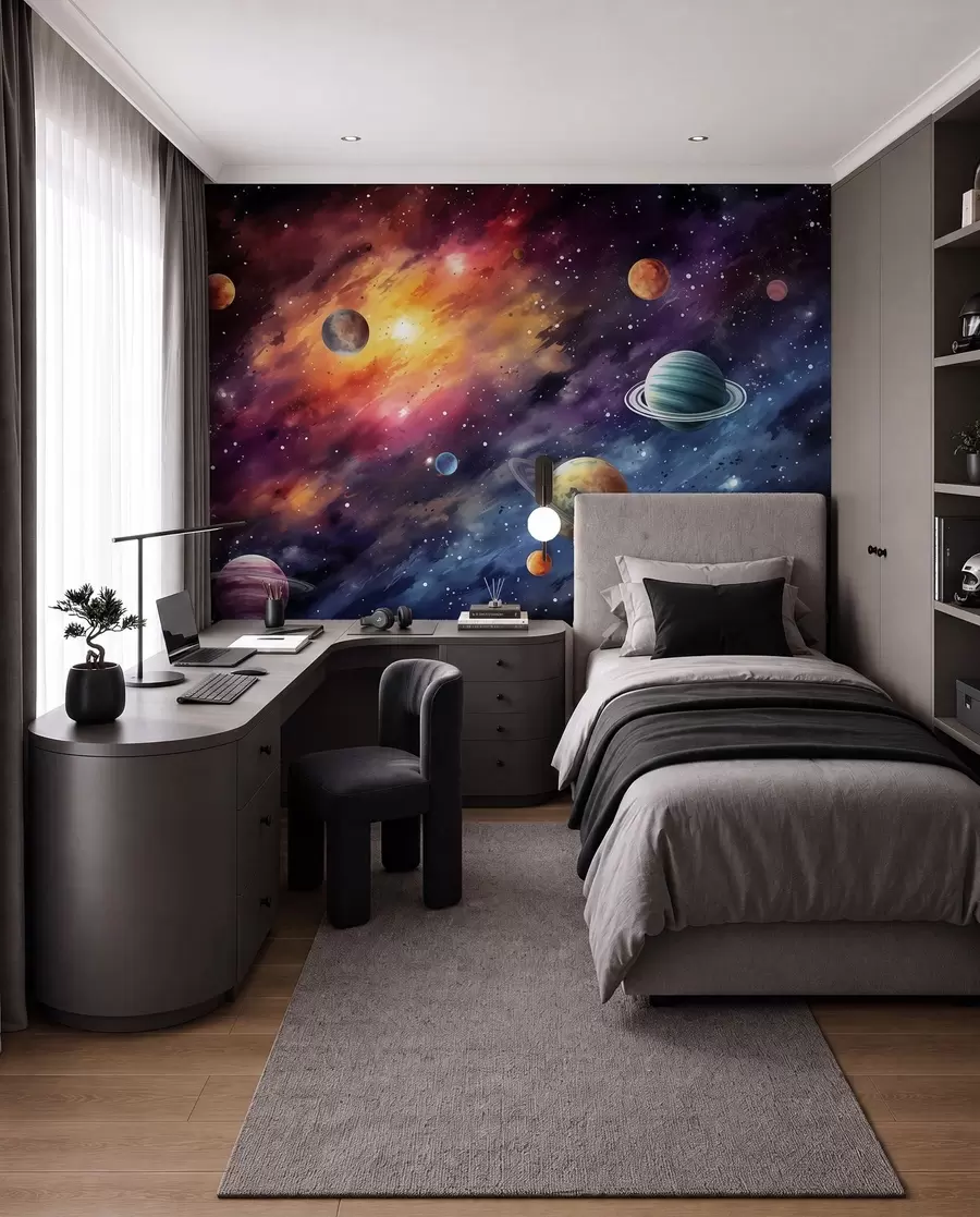 Fototapet Vesmír s planetami a hvězdami, akvarel, kosmický w01798
