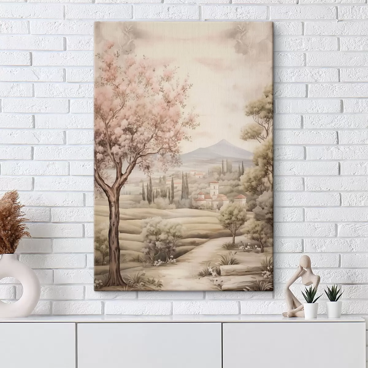 Obraz Akvarel kopce, kvetoucí třešeň, hrad, rustikální styl Č. s41225