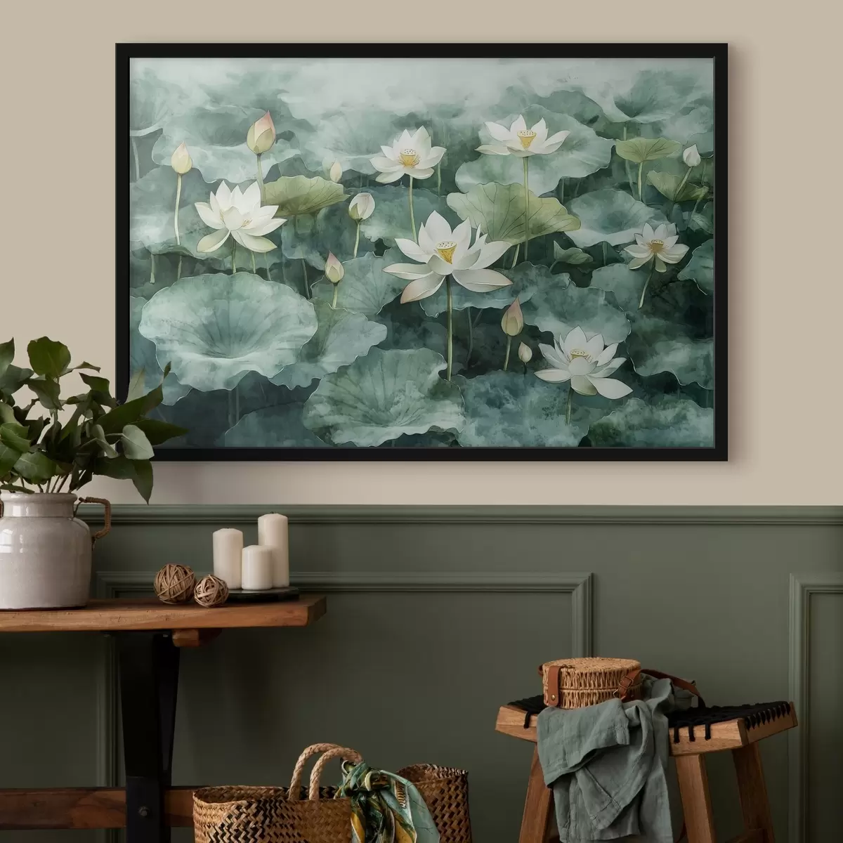 Poster Lotosy v rybníce, akvarel, zeleň f41228