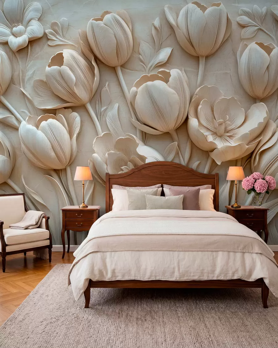 Fototapet 3D květinové umění s půvabnými tulipány v béžové barvě w01851