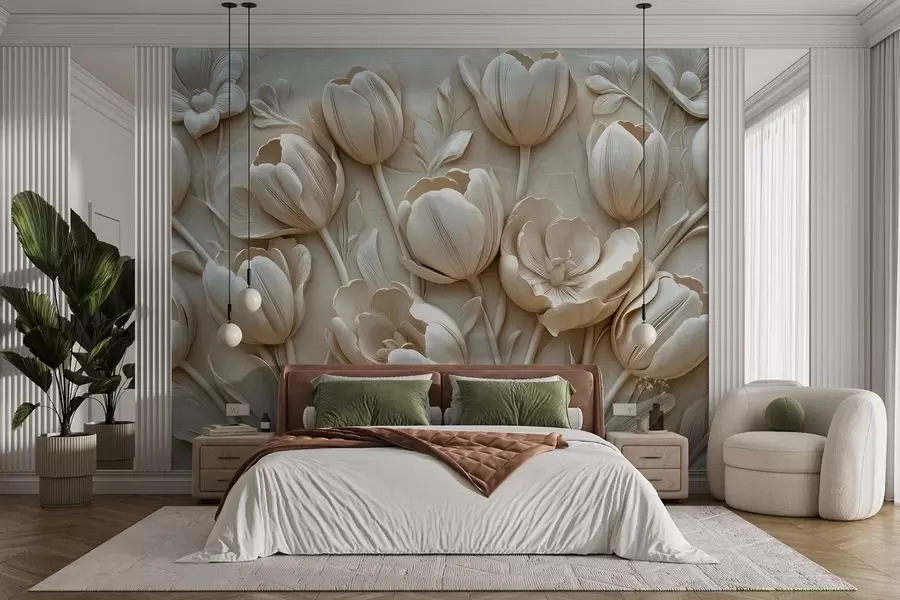 Fototapet 3D květinové umění s půvabnými tulipány v béžové barvě w01851