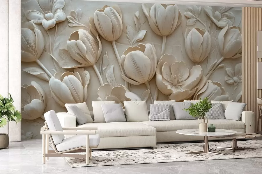 Fototapet 3D květinové umění s půvabnými tulipány v béžové barvě w01851