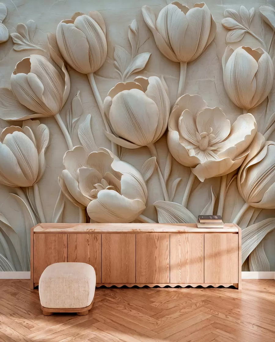 Fototapet 3D květinové umění s půvabnými tulipány v béžové barvě w01851