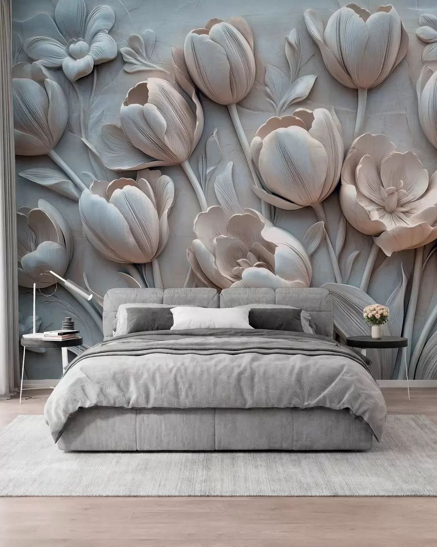 Fototapet 3D květinové umění s půvabnými tulipány v šedé barvě w01851v1