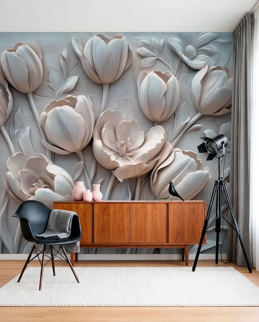 Fototapet 3D květinové umění s půvabnými tulipány v šedé barvě w01851v1