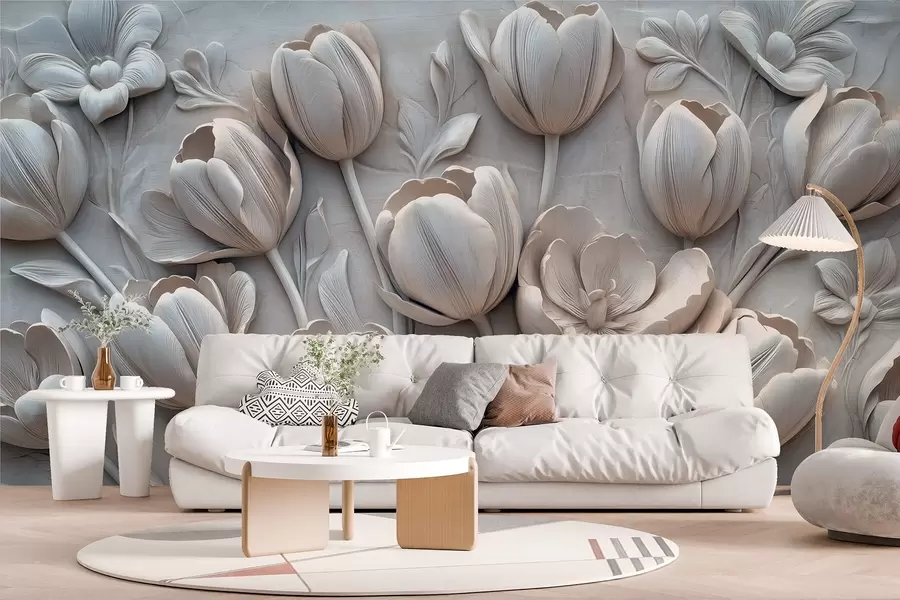 Fototapet 3D květinové umění s půvabnými tulipány v šedé barvě w01851v1