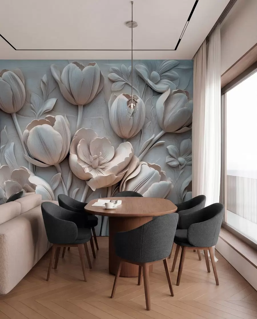 Fototapet 3D květinové umění s půvabnými tulipány v šedé barvě w01851v1
