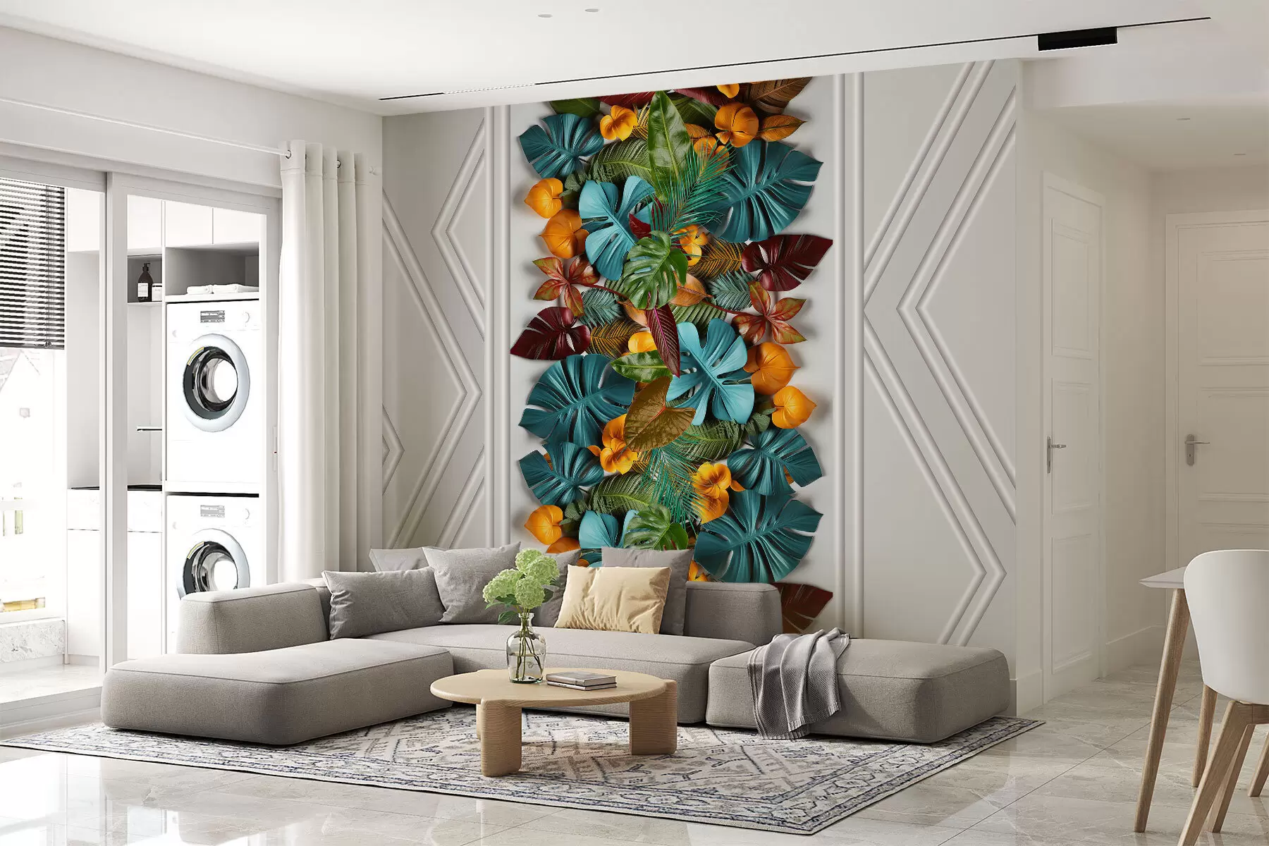 Fototapet 3D tapeta s barevnými tropickými listy a geometrií na šedém pozadí w01876