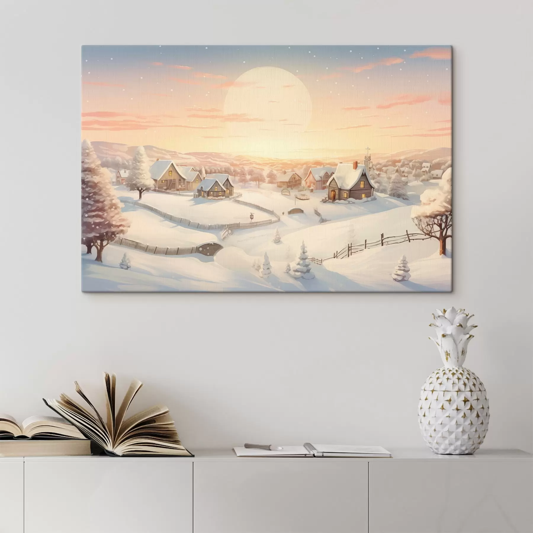 Fototapet Zimní vesnice při západu slunce, domy pokryté sněhem, borovice s41380