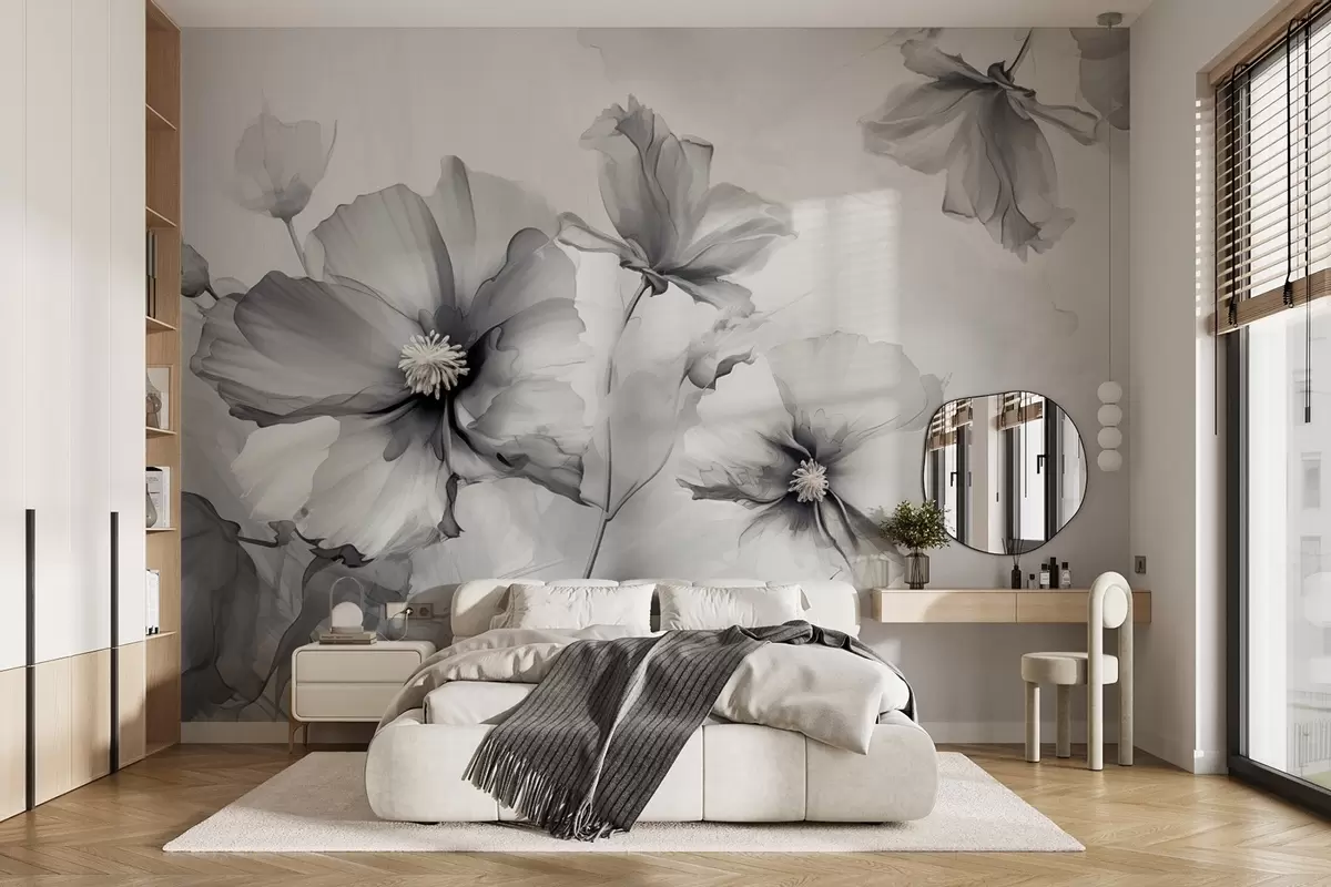 Fototapet Vzdušné průsvitné šedé květy rozplývající se v ranním světle w01938