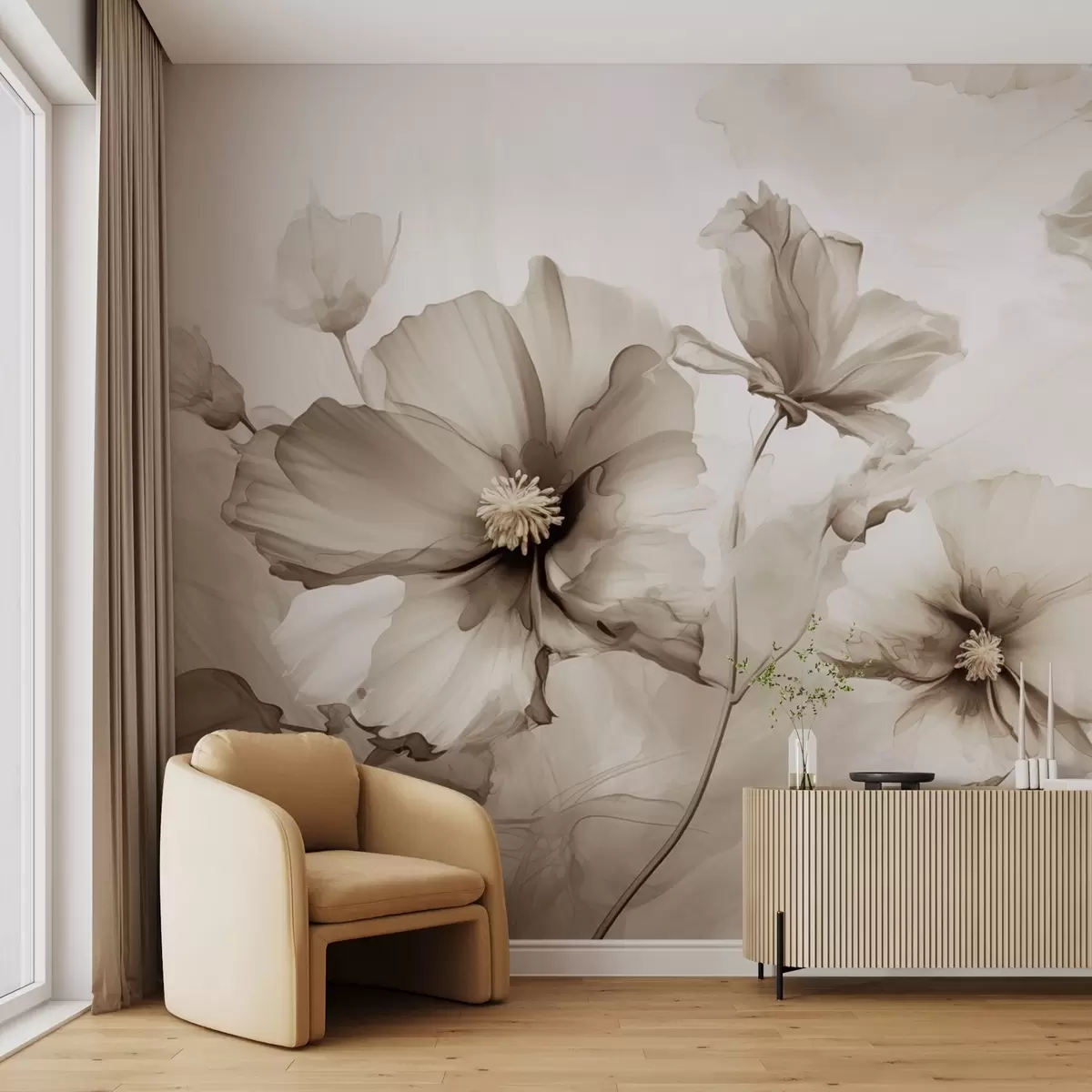 Fototapet Vzdušné průsvitné béžové květy rozplývající se v ranním světle w01938v1