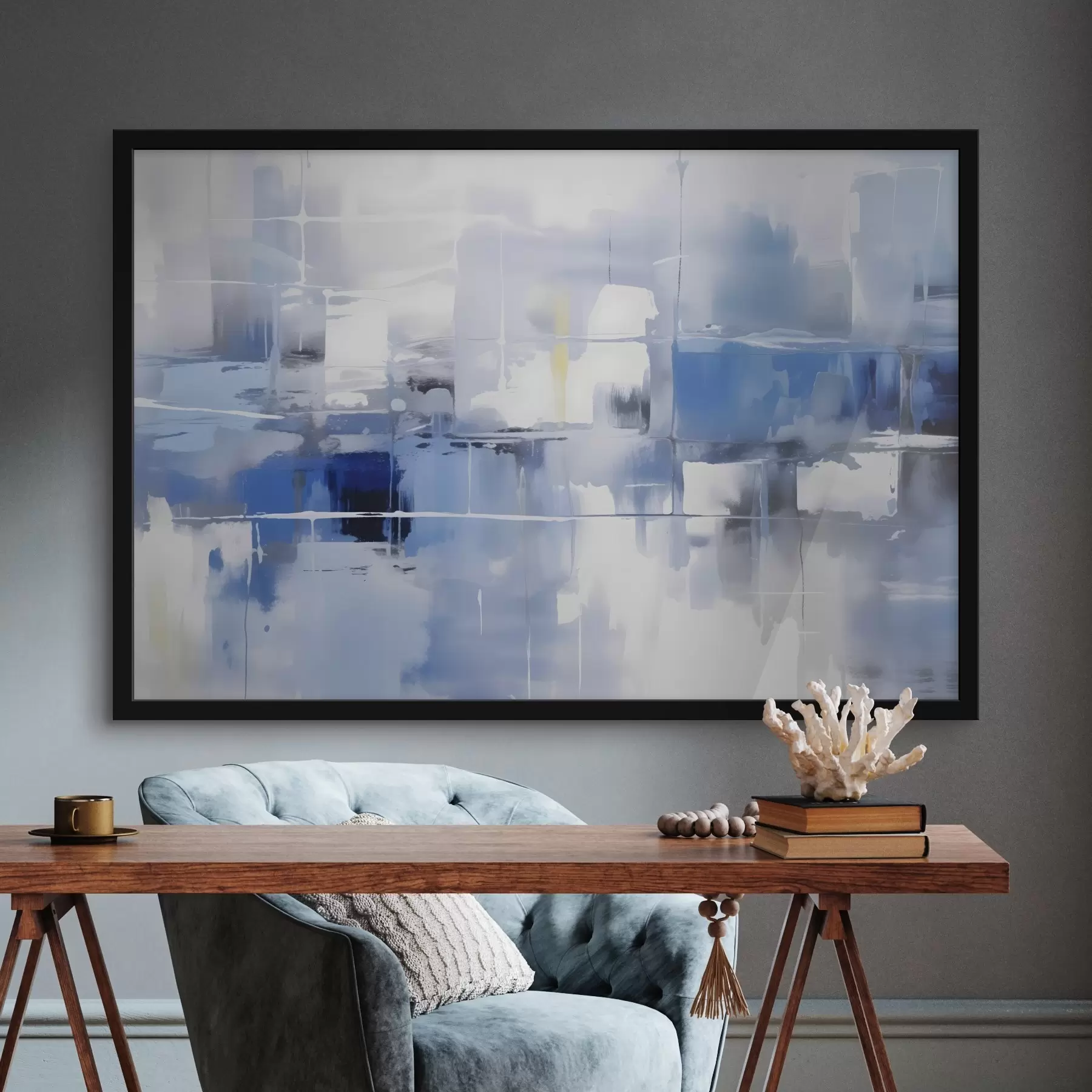 Fototapet Moderní abstrakce v odstínech modré, bílé a šedé s rozmazanými liniemi a tvary f41269