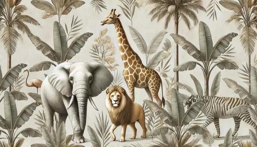 Fototapet Dětská tapeta Safari s tropickou krajinou a různými zvířaty v elegantních barvách w01956