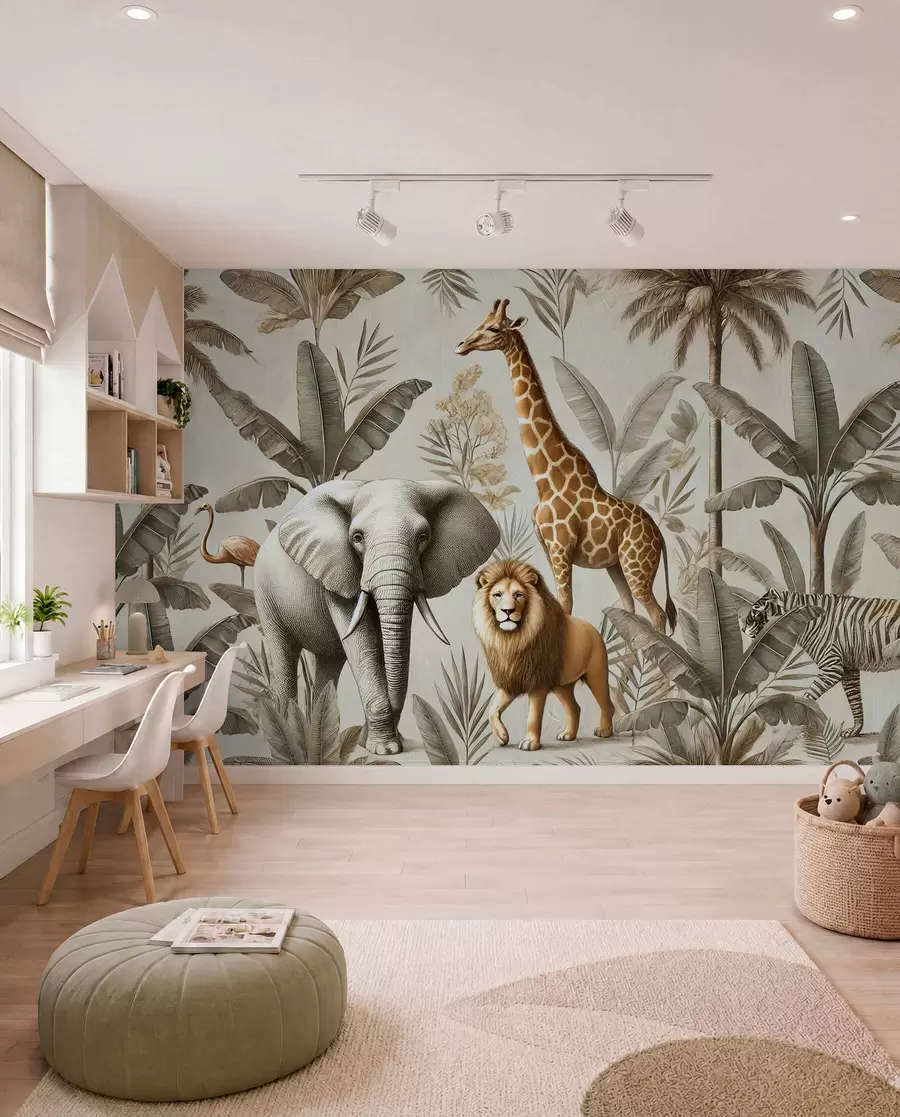 Fototapet Dětská tapeta Safari s tropickou krajinou a různými zvířaty v elegantních barvách w01956