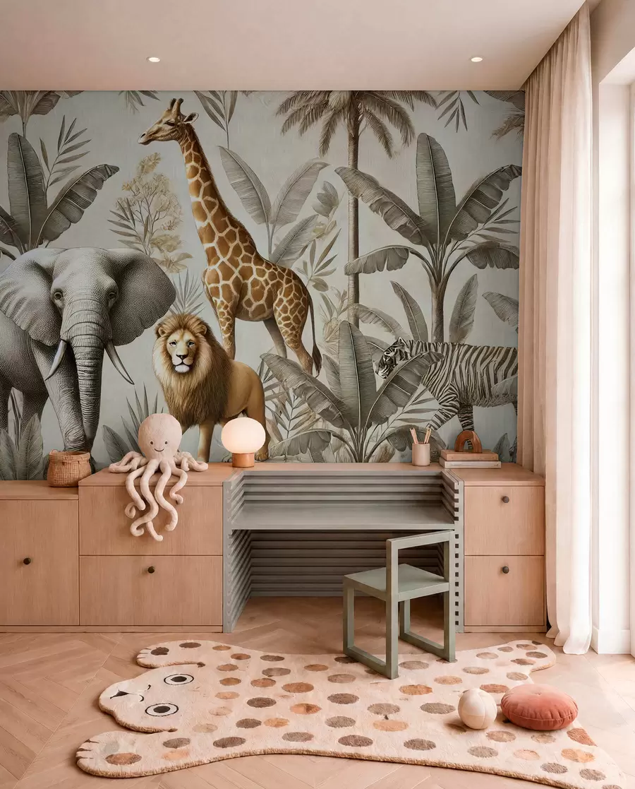 Fototapet Dětská tapeta Safari s tropickou krajinou a různými zvířaty v elegantních barvách w01956