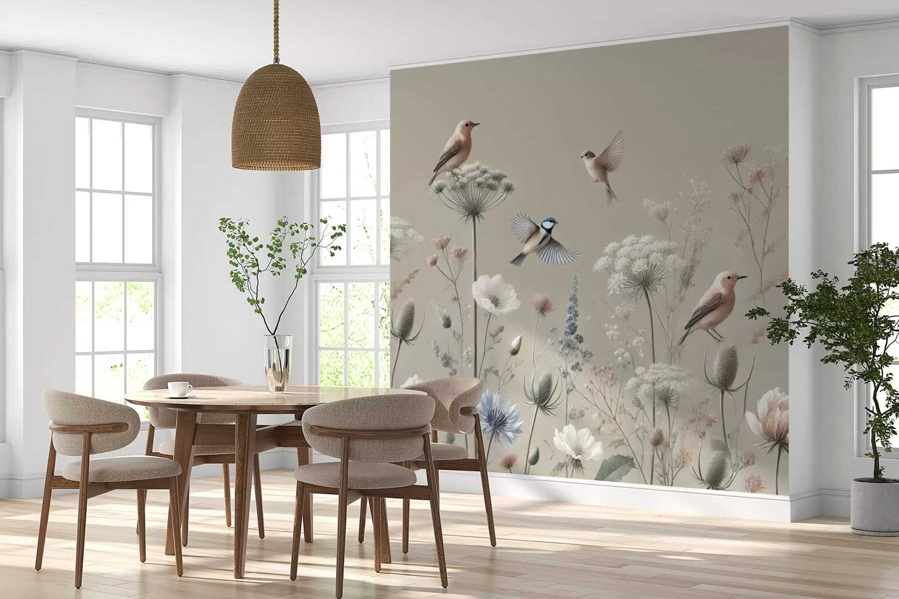 Fototapet Jemné polní květiny s ptáky na béžovém pozadí w01958