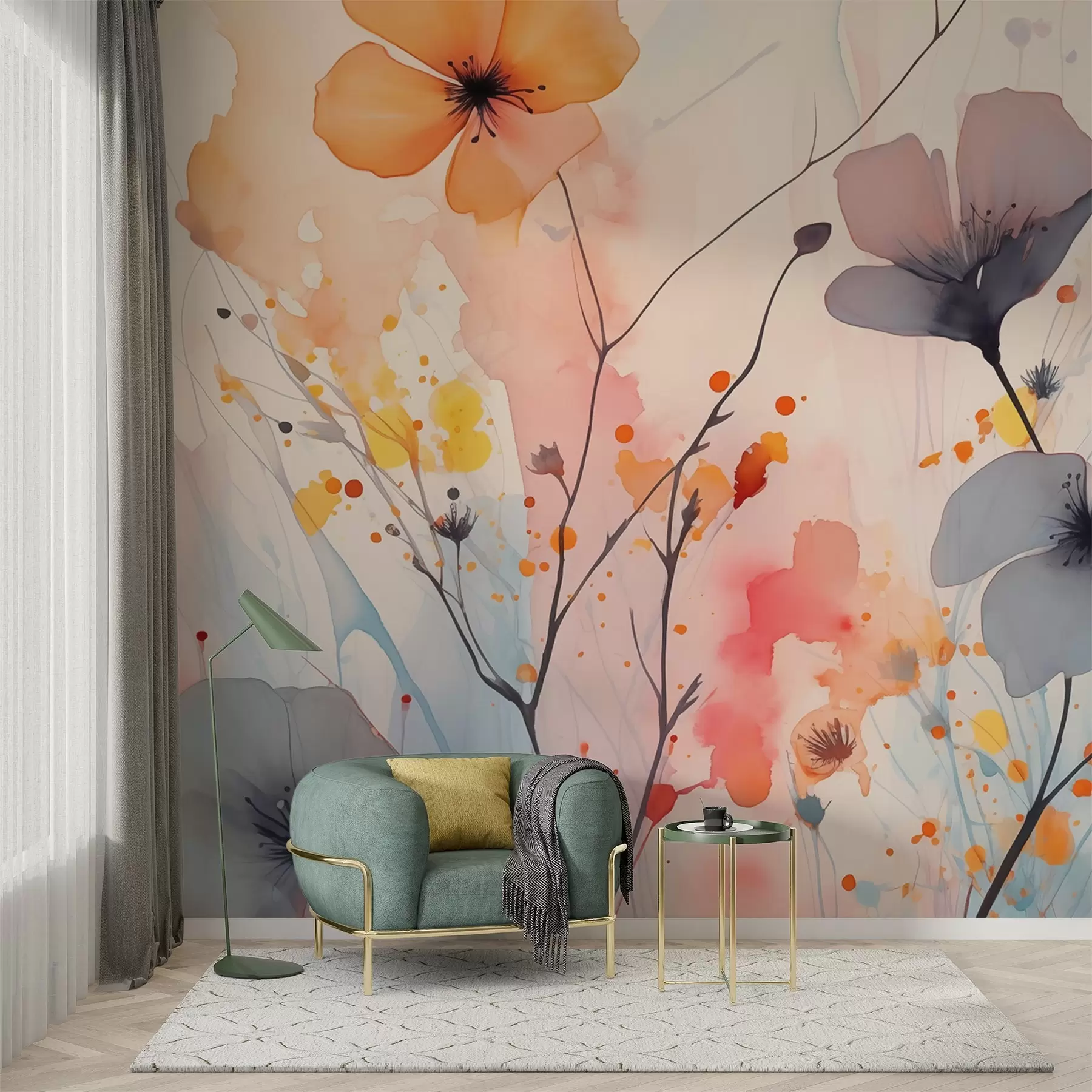 Fototapet Abstraktní světlé květiny a větve se stříkající barvou mokrý akvarel w02049