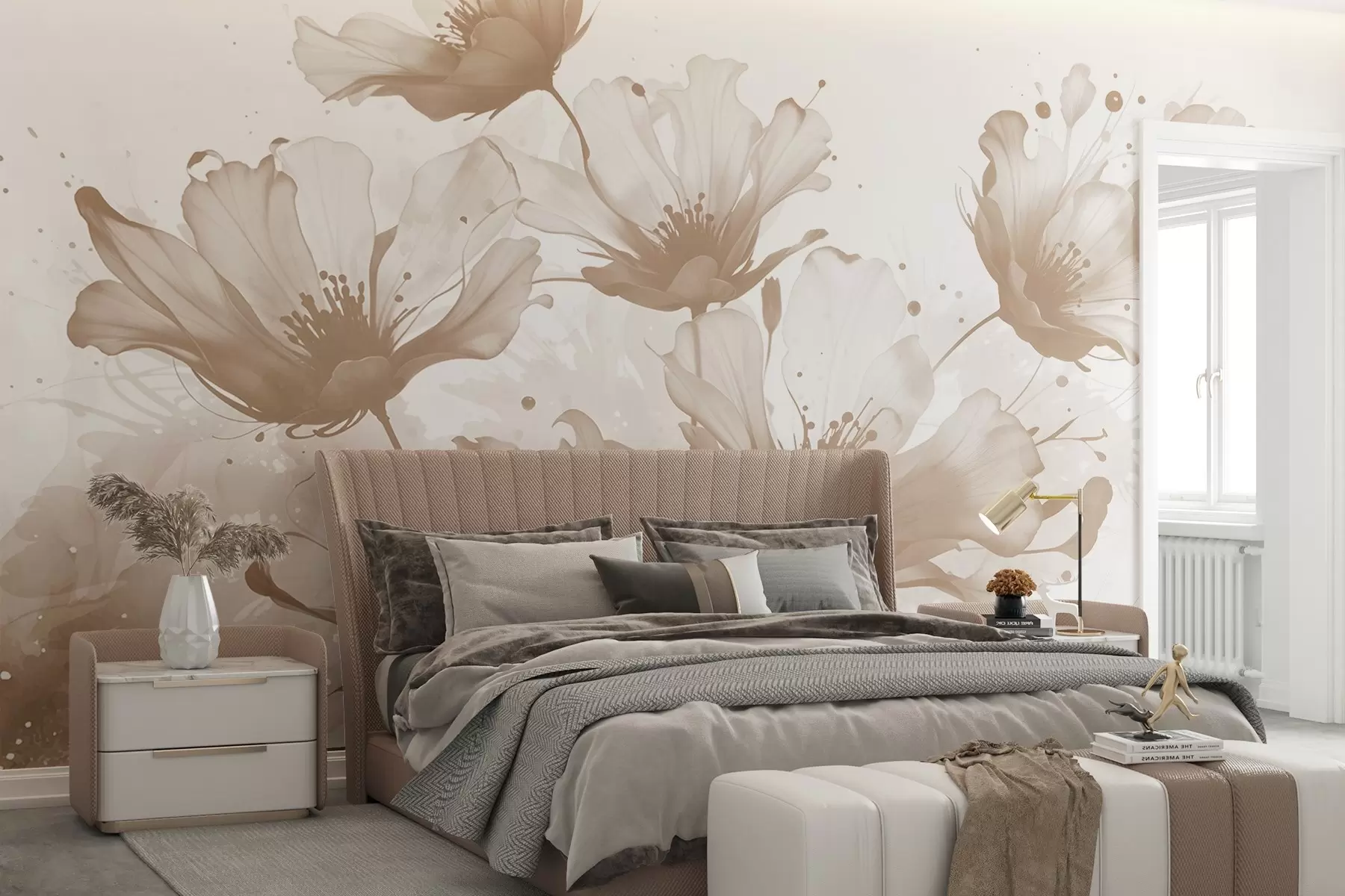 Fototapet Jemné hnědé květy s jemnými, rozmazanými okvětními lístky a akvarelovými skvrnami na světlém pozadí w08376v1