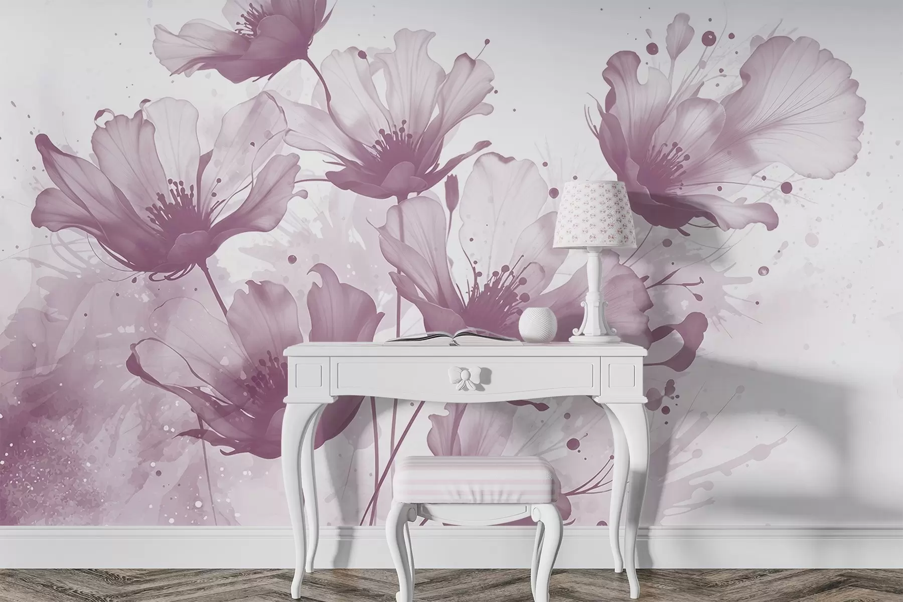 Fototapet Jemné růžové květy s jemnými, rozmazanými okvětními lístky a akvarelovými skvrnami na světlém pozadí w08376v2