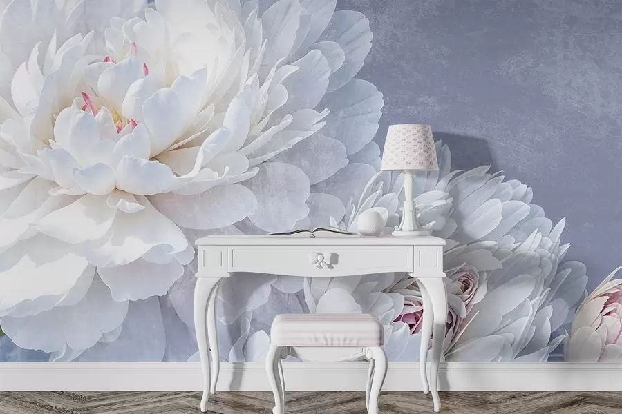 Fototapet Bílé detailní květy pivoněk s jemnými okvětními lístky na světle modrém pozadí s pastelovou texturou w08379