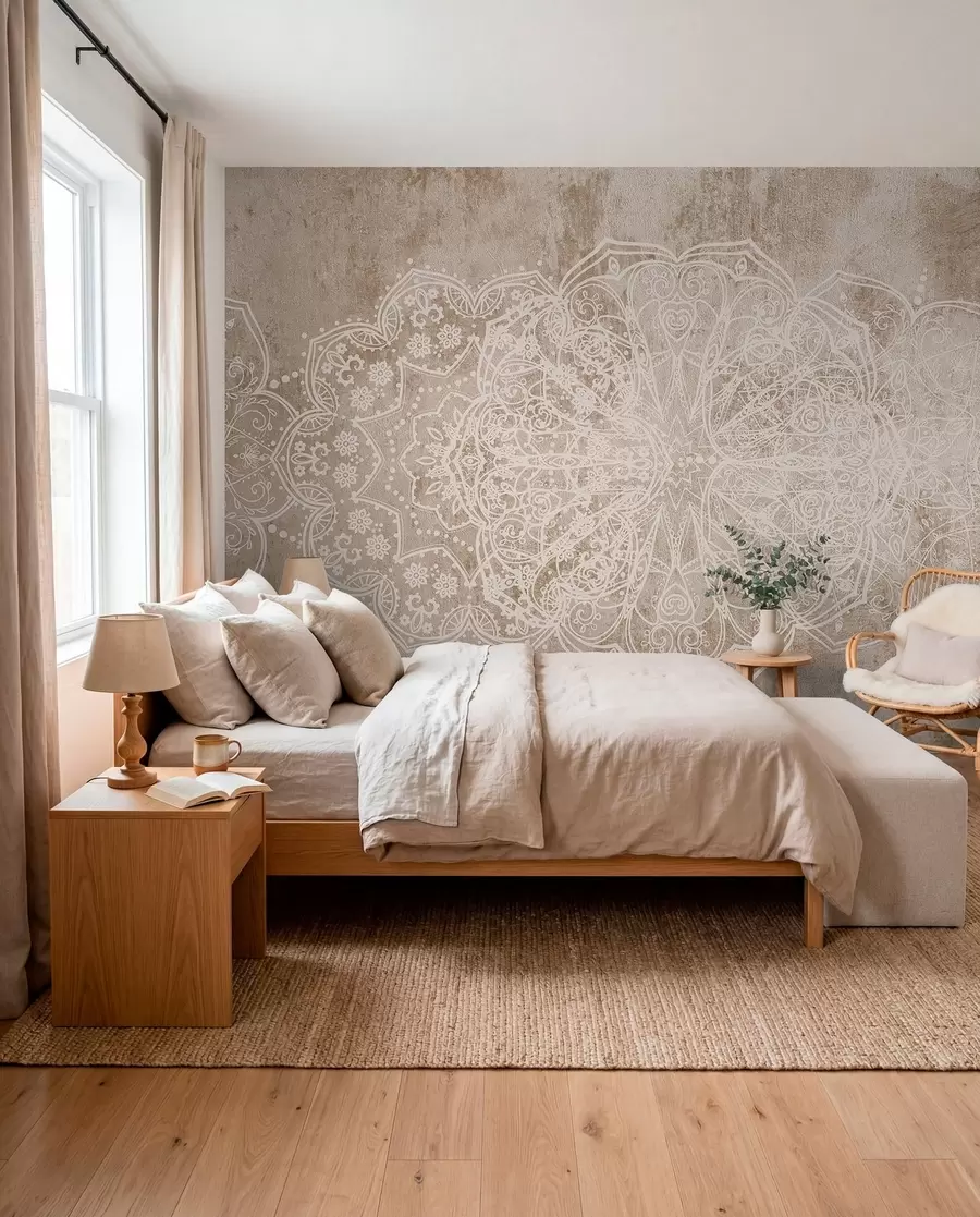 Fototapet Detailní, složitý bílý krajkový vzor mandaly na texturovaném béžovo-hnědém pozadí stěny v podkroví w08387v1